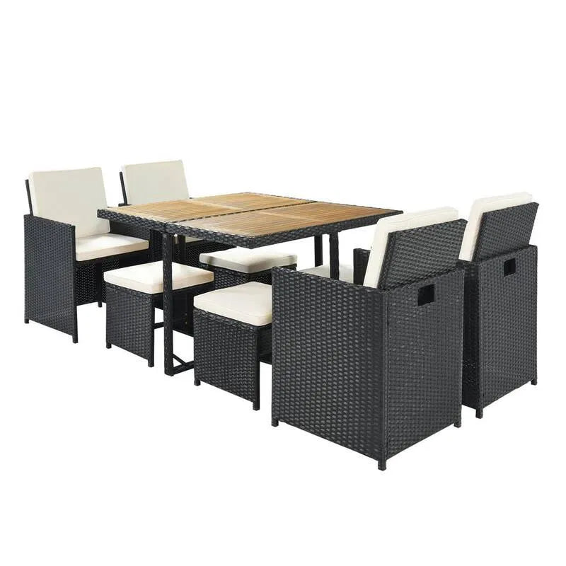 Teil Schwarz Polyrattan Garten Essgruppe 9 Teile, Schwarz Polyrattan Garten Essgruppe mit Beige Kissen