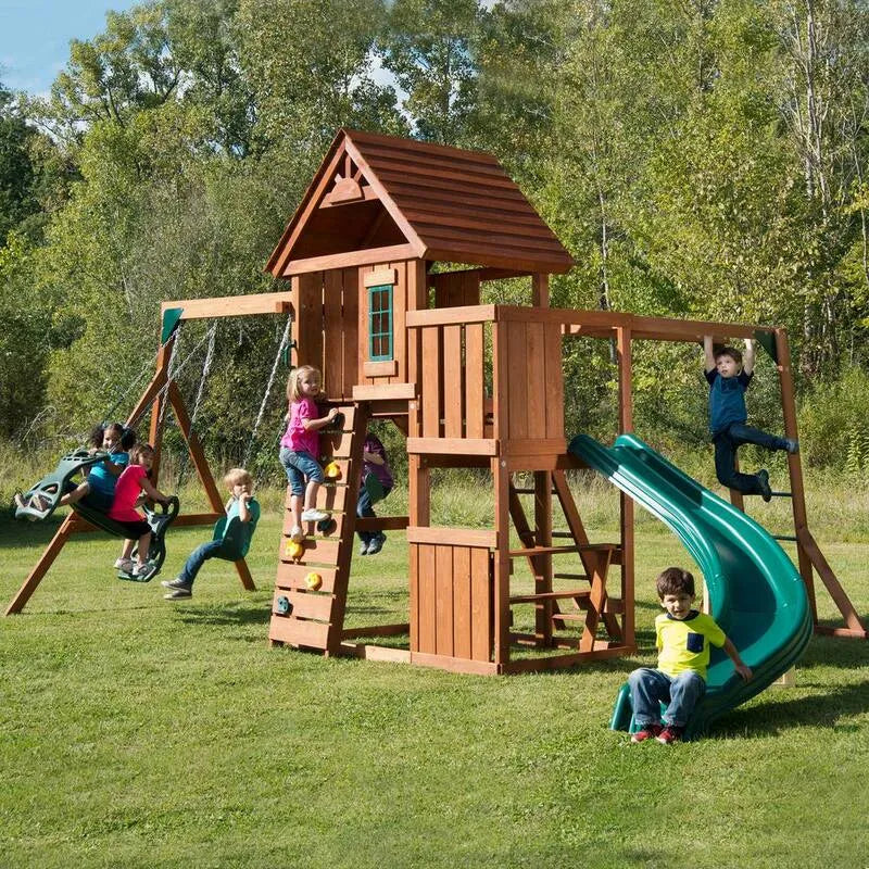 Dual Rider und Backyard Swing Set, Grandview Twist Deluxe Komplettes Garten-Playset aus Holz mit Slide, Garten
