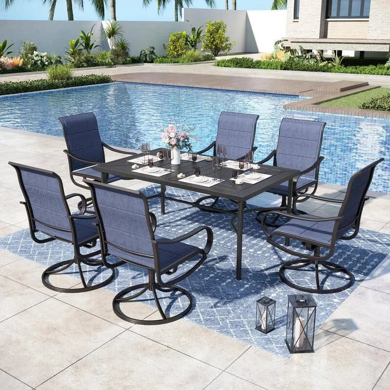 7 Teile Stücke Metall Garten Garten-Essgruppe 7-Stücke, Metall Garten Garten-Essgruppe mit Rechtecktisch und gepolsterten blauen Texitilen-Schwenkstühlen, Schwarz