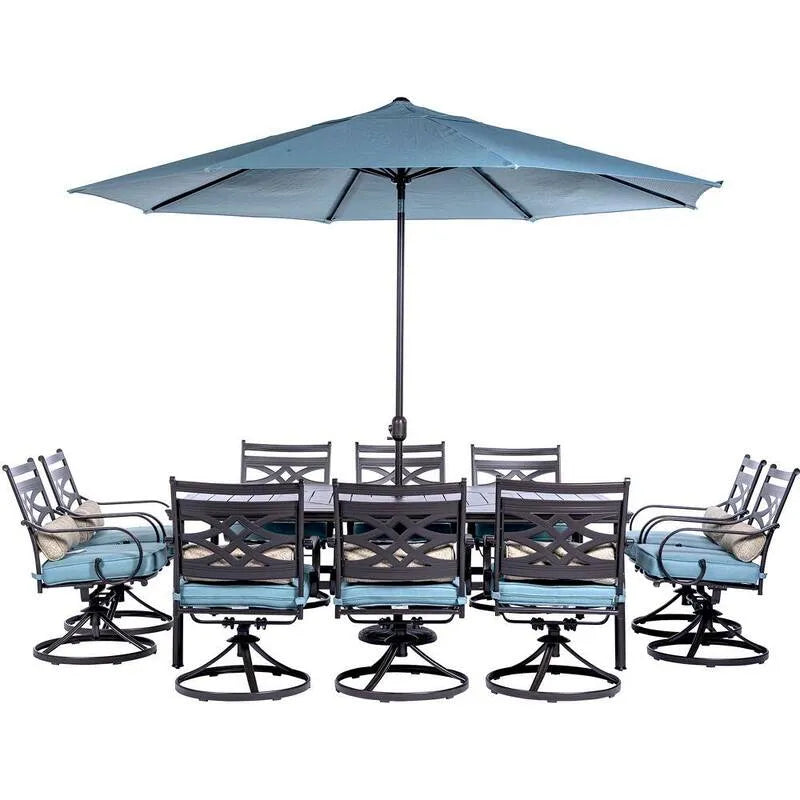 Teil Stahl Garten Essgruppe 11 Teile, 60x84 in, 10 drehbare Schaukelstühle, Tisch und Regenschirm, Montclair, Blue