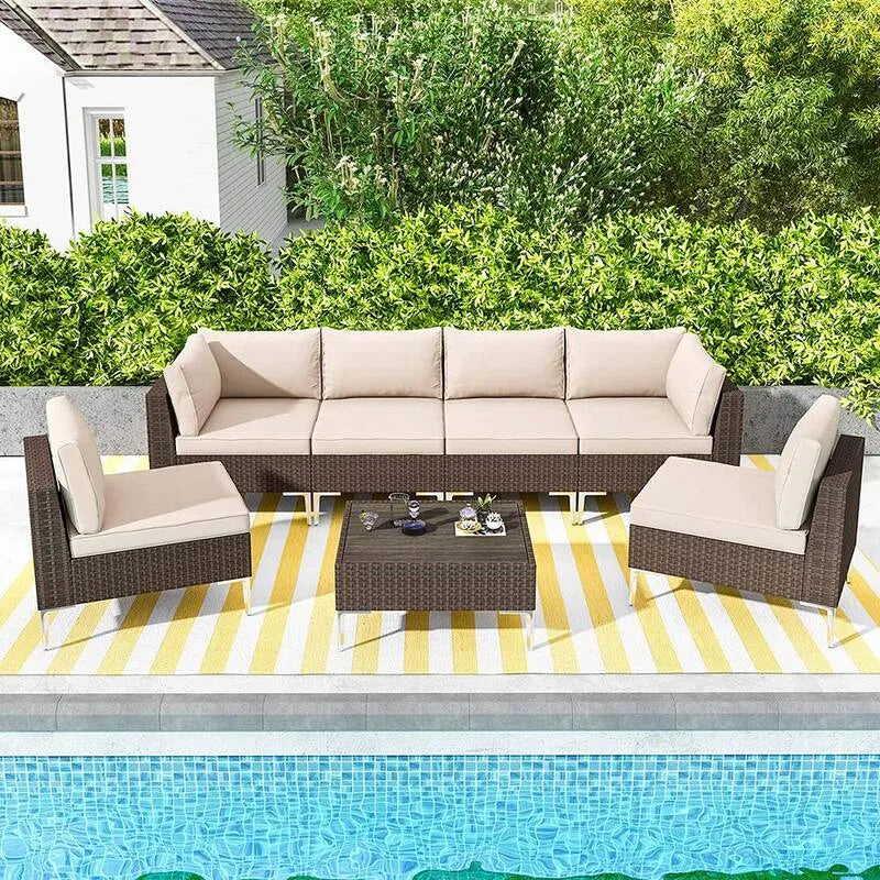 Sofa, 7 Teile Polyrattan Garten Sektional Set, Beige Kissen