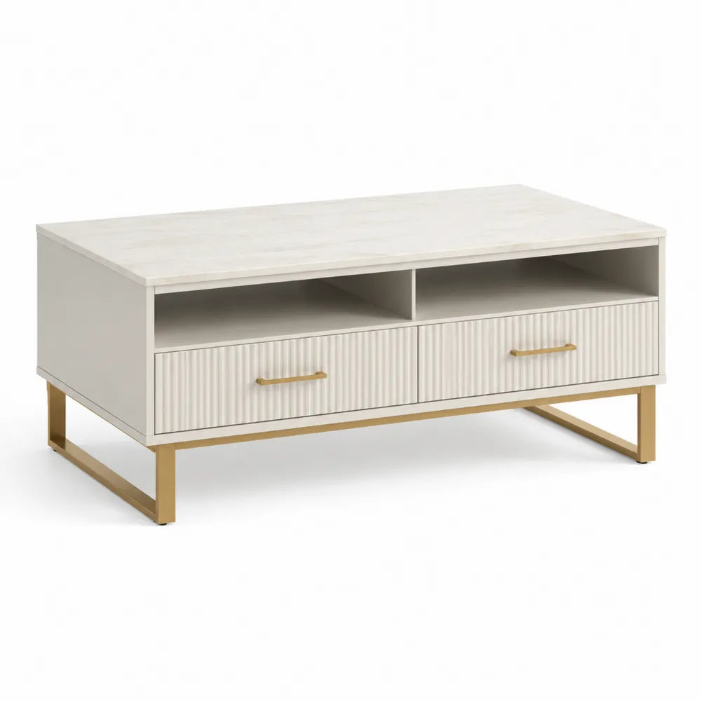 Couchtisch 120 x 60 x 45 cm MDF mit Schubladen offenen Fächern geriffelte Front Weiß Gold