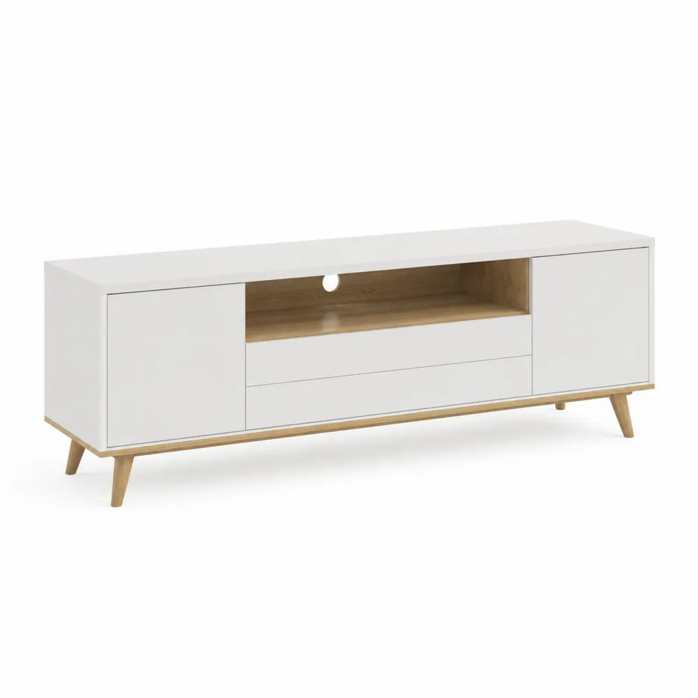 TV Lowboard 180 x 40 x 50 cm MDF Weiß mit Holzoptik Türen Schubladen und offenem Fach