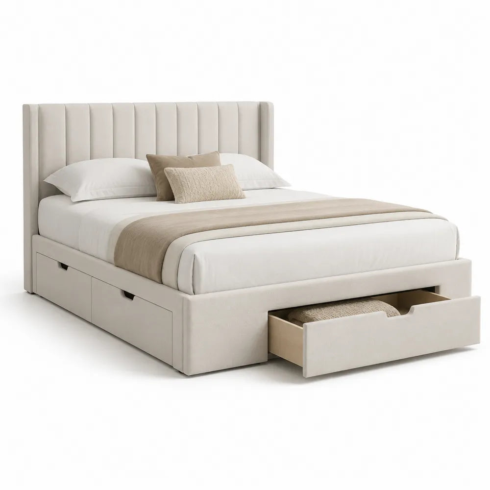 Stauraumbett Doppelbett mit Schubladen Polsterbett Stoffbezug Beige 180 x 200 cm