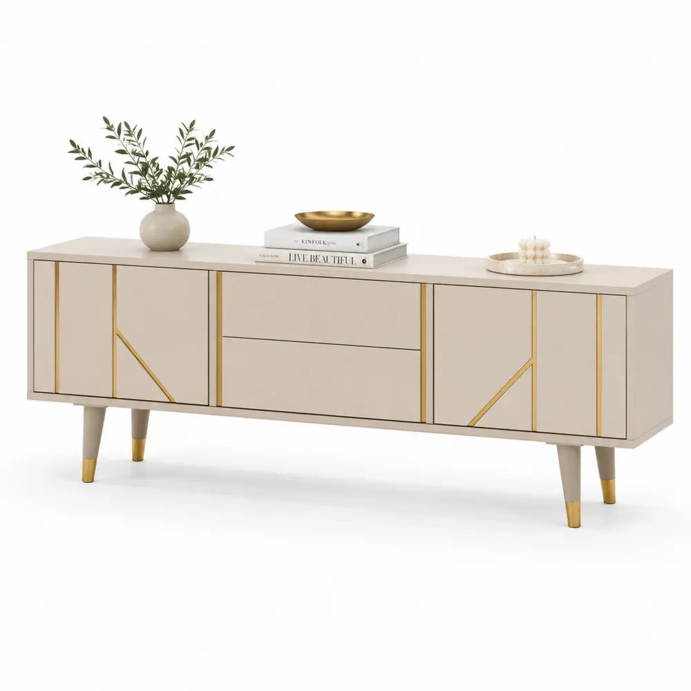 TV Lowboard 200 x 40 x 55 cm MDF mit Türen Schubladen Beige Gold