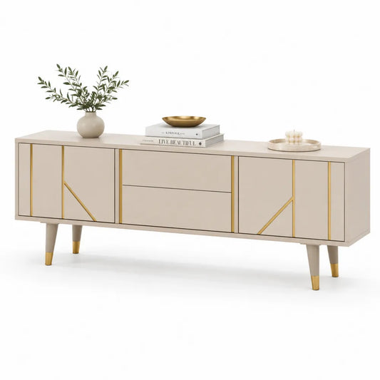 TV Lowboard 200 x 40 x 55 cm MDF mit Türen Schubladen Beige Gold