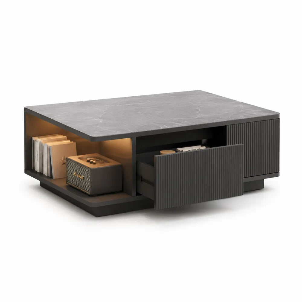 Couchtisch 120 x 60 x 40 cm MDF Schwarz mit Marmoroptik Schubladen und offenem Fach