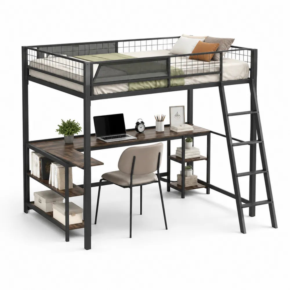 Hochbett 90 x 200 cm Metallbett Stahlrahmen Schwarz mit Schreibtisch Regal und Leiter