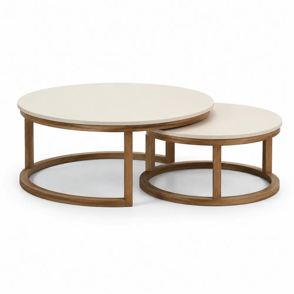Couchtisch Set 2-teilig Rund 90 cm MDF Beige mit Holzgestell