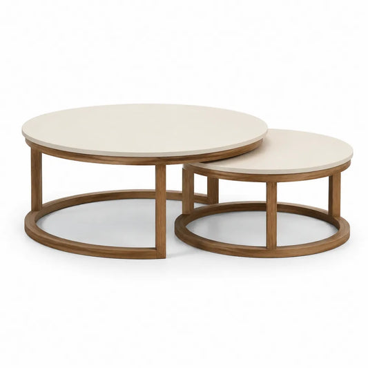 Couchtisch Set 2-teilig Rund 90 cm MDF Beige mit Holzgestell