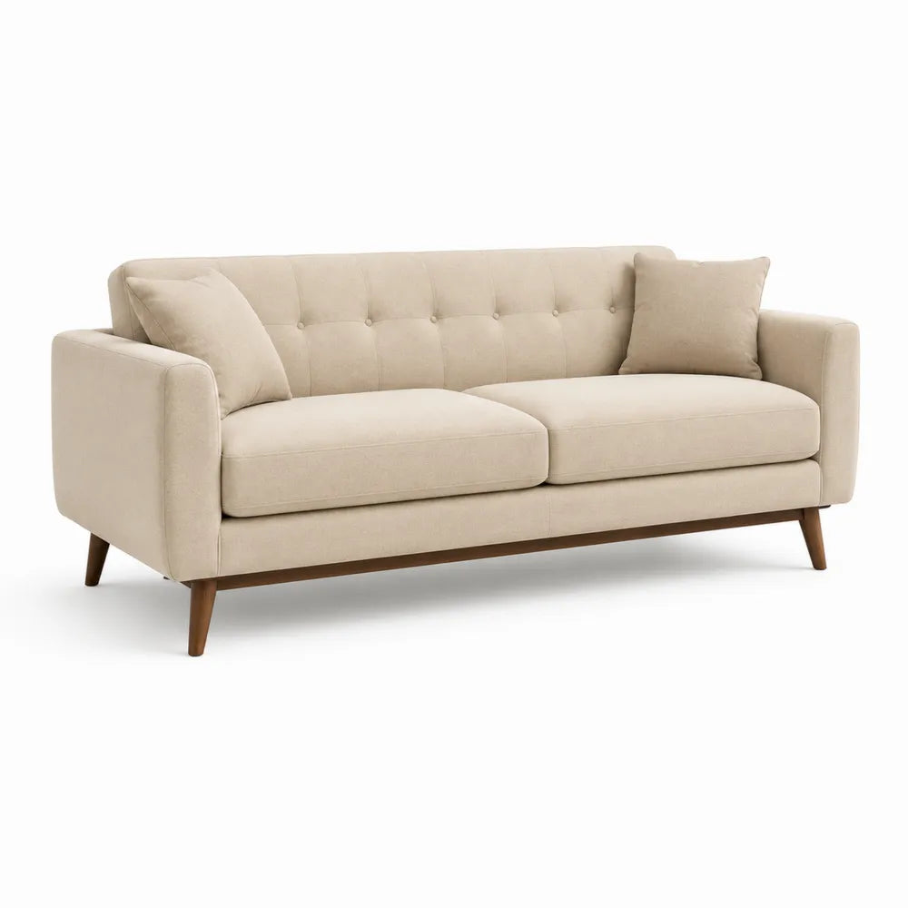 3-Sitzer Sofa 220 x 90 x 85 cm Polyesterbezug Beige mit Holzfüßen und Kissen