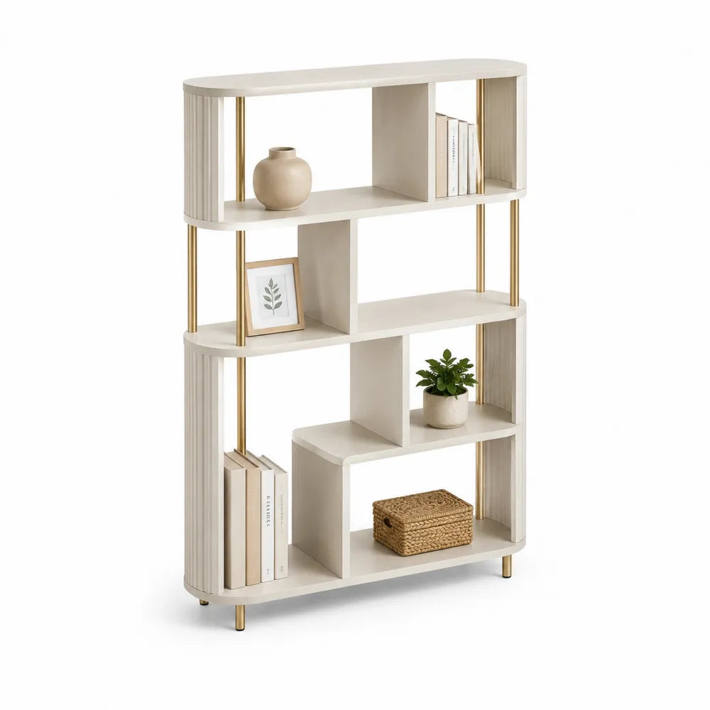 Bücherregal 120x35x180 cm MDF Weiß mit offenen Fächern und Stahlrahmen
