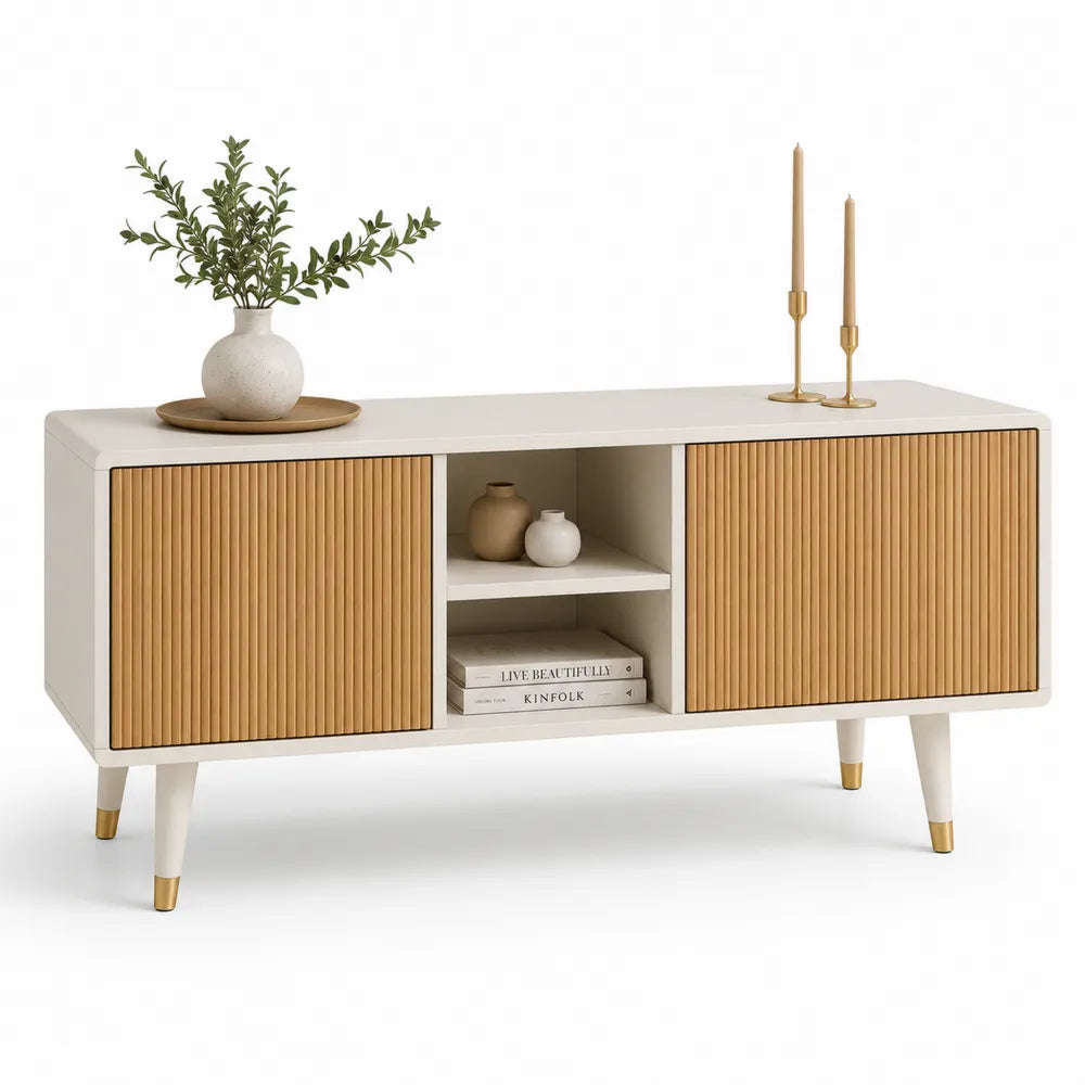 TV Lowboard mit Türen und offenem Fach MDF Weiß Natur 180x40x60 cm