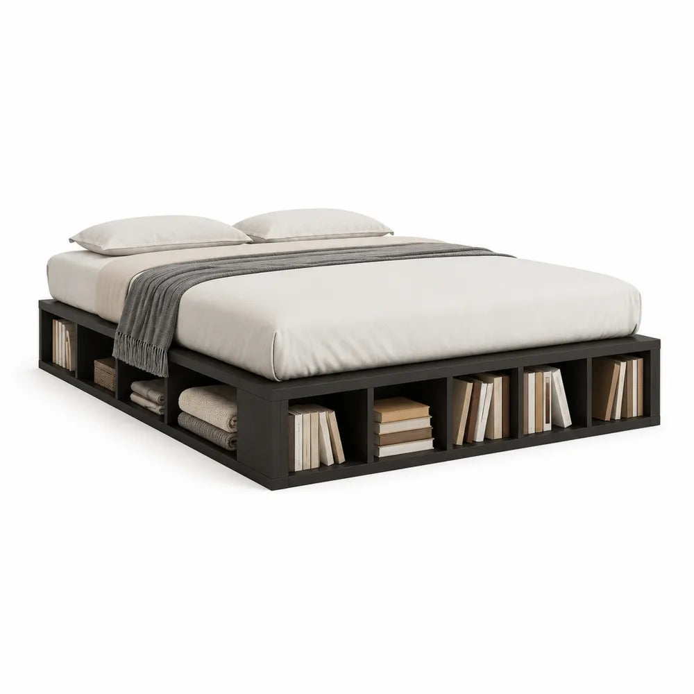 Stauraumbett Doppelbett mit offenen Regalfächern MDF Holzwerkstoff Schwarz 160 x 200 cm