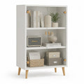 Vitrinenschrank 80 x 35 x 150 cm MDF mit Glastüren Holzbeinen Weiß Natur