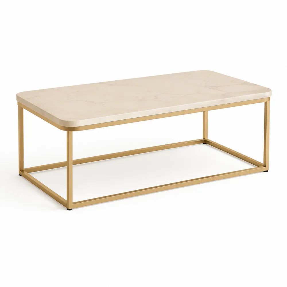 Couchtisch rechteckig MDF Marmoroptik Metallgestell Beige Gold 120x60x45 cm