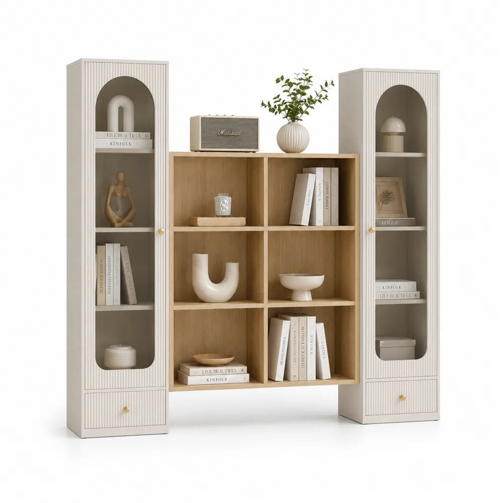 Bücherregal Regalwand mit Glastüren Schubladen MDF Weiß Eiche 180x35x200 cm