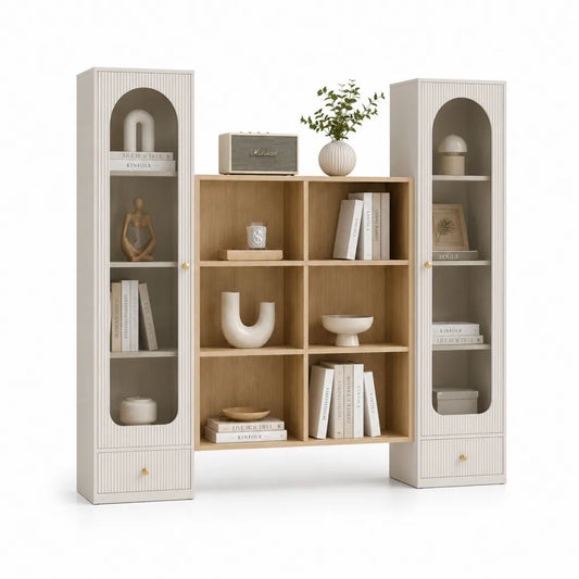 Bücherregal Regalwand mit Glastüren Schubladen MDF Weiß Eiche 180x35x200 cm