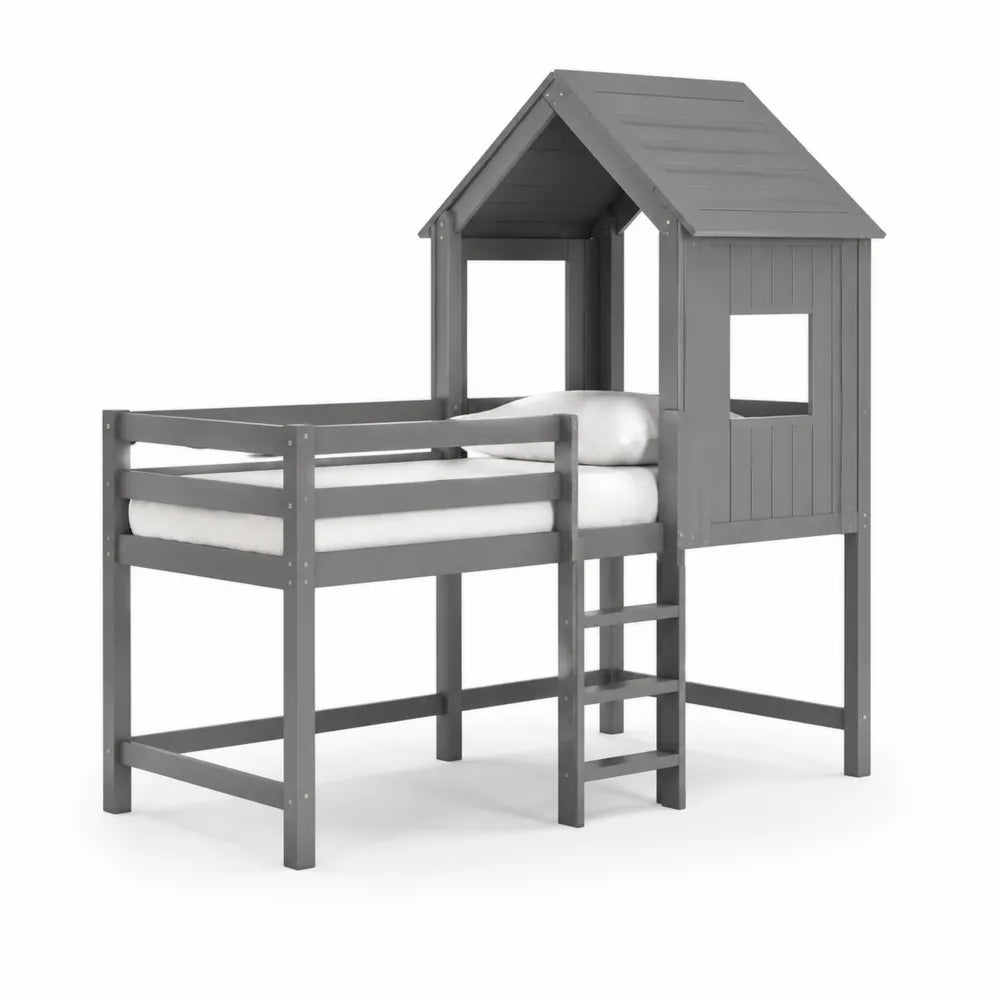Hochbett 90x200 cm Kinderbett Kiefernholz Grau mit Hausdach und Leiter