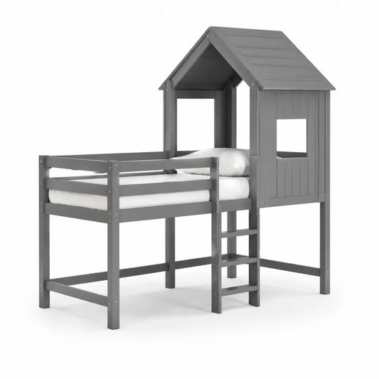 Hochbett 90x200 cm Kinderbett Kiefernholz Grau mit Hausdach und Leiter