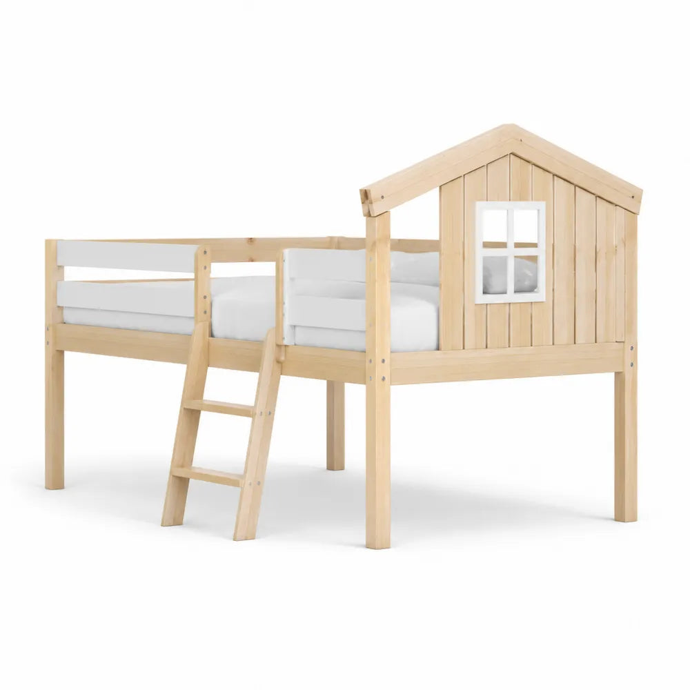 Hochbett Kinderbett Hausbett Massivholz Kiefer Natur mit Leiter 90 x 200 cm
