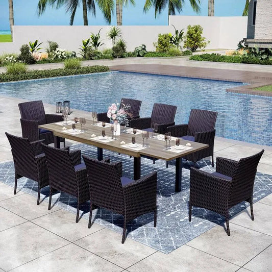 Teil Metal Patio Garten Dining Set 9 Teile, Metal Patio Garten Dining Set mit ausfahrbarem Tisch und Rattan Stühle mit blauem Kissen, braun
