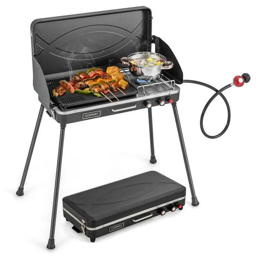 Tragbarer Propangrill 2-in-1, 2 Brenner, kompaktes tragbares Design, Flüssigpropan, Schwarz