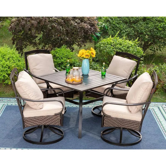 Teil Metal Patio Garten Essgruppe 5 Teile, Metal Patio Garten Essgruppe mit quadratischem Tisch und Drehstühlen mit CushionGuard Beige Kissen