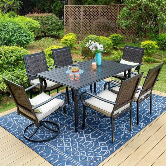 Teil Metal Patio Garten Essgruppe 7 Teile, Schwarz, Beige, Garten-Essgruppen