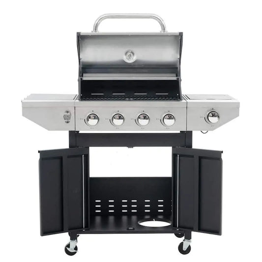 Brenner Tragbarer Propangrill 4-Burner, Edelstahl, kompaktes tragbares Design, Flüssigpropan, Silber, Schwarz