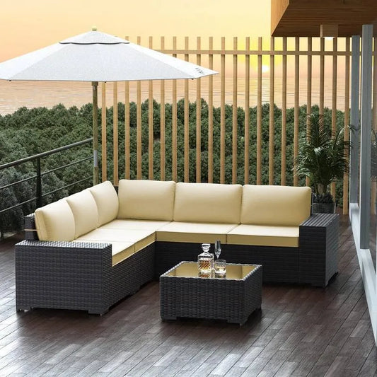 Teil Polyrattan Garten Sektional Set 6 Teile, Polyrattan Garten Sektional Set mit Cream Kissen, Rahm, Garten-Sofas