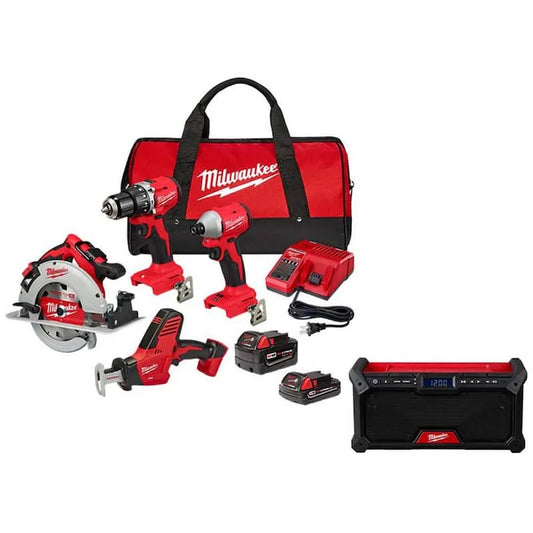Milwaukee 4-Werkzeug Lithium-Ionen-Bürste ohne Schnur, Schnurloses Design, 18V, Ladegerät und Werkzeugtasche mit Baustelle-Radio, M18