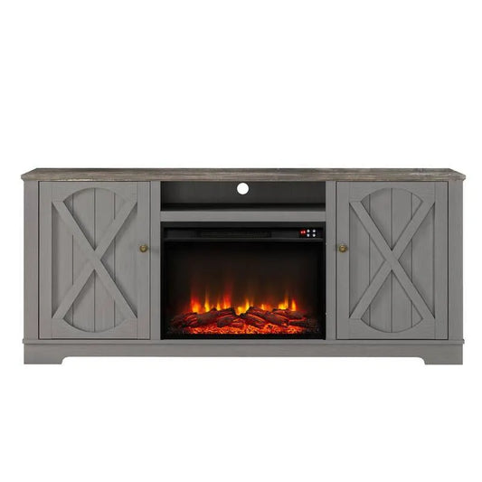 bis 70 in., 70 in. Farmhouse Wooden TV Stand, Elektrischer Kamin in Grau für Fernseher bis
