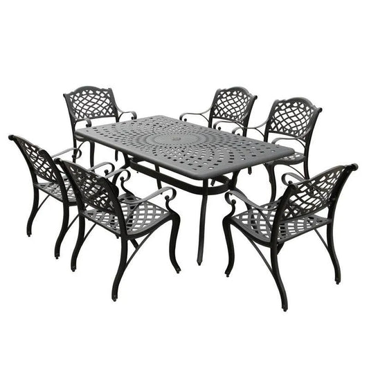 7 Teile Rechteckiges Aluminium-Mesh Garten Essgruppe 7-Stück, Schwarz