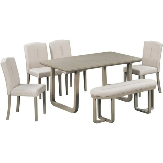 6 Teile Stück Holz Garten Dining Set 6-Stück, 4 Polsterstühle und Bank, Licht, Beige