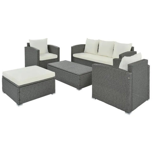 Teil Polyrattan Garten Sektional Set 5 Teile, Grau, Polyrattan Garten Sektional Set mit Beige Kissen