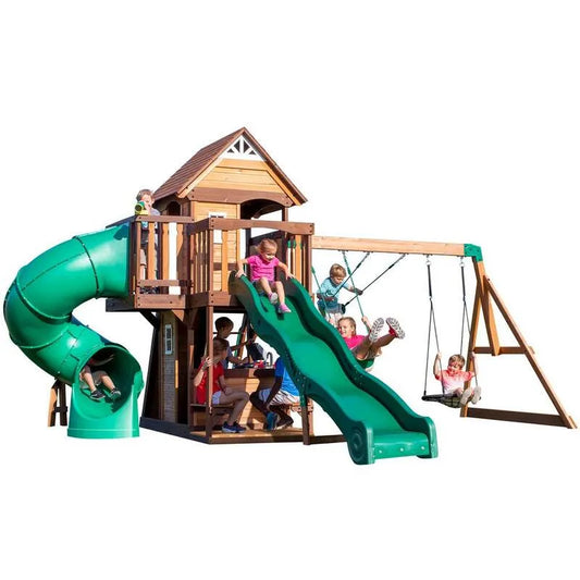 Backyard Discovery, Cedar Cove All Cedar Wood Children & # x27; s Swing Set Playset mit Tube Slide Wave Slide Erhöhte Clubhaus-Schaukeln und Web Swing, Braun, Swing-Sets