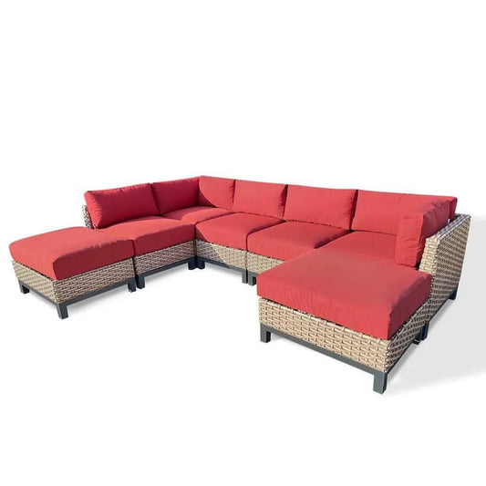 7 Teile Delta 7-Stück, Harz Polyrattan Outdoor Sektional mit Canvas Terracotta Sonnenbrella Kissen, Outdoor