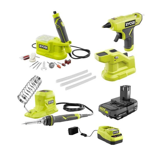 RYOBI 3-Werkzeug Hobby Kit, kabellos Design, kompakte, tragbare Bauweise, 18V, 1, 5 Ah Batterie, Rotary Werkzeug, Löteisen, 1.5 Ah