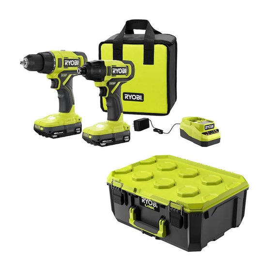RYOBI 2-Werkzeugset, kabellos Design, 18V, 1, 5 Ah Batterien, Schlagschrauber, Ladegerät & LINK Medium Werkzeug Box, 1.5 Ah