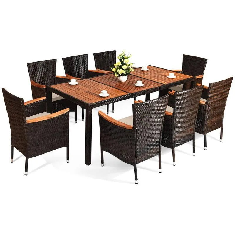 Teil Wood Rectangle Garten Essgruppe 9 Teile, Wood Rectangle Garten Essgruppe mit Beige Kissen