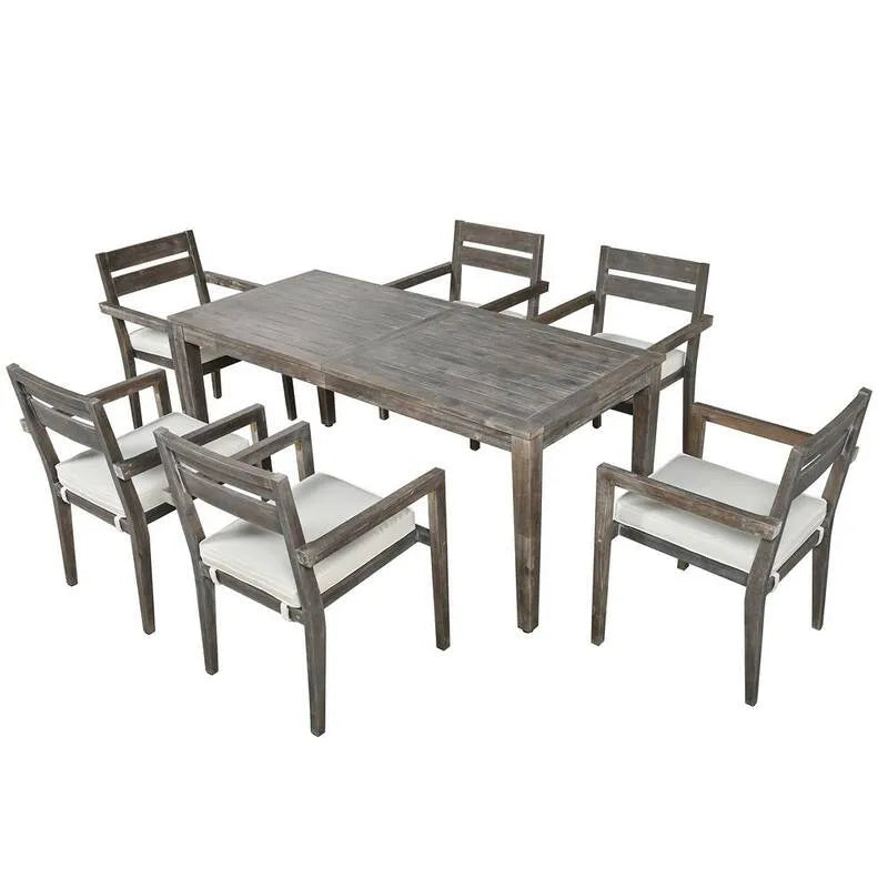 7 Teile Set mit Kissen, 7-Stück Akazienholz Grau Garten Essgruppe