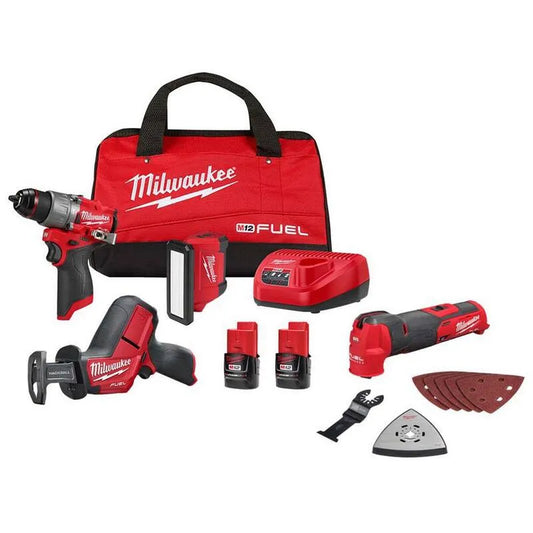 Milwaukee 12-Volt bürstenlos kabellos Schlagbohrmaschine Kombiset, Multi-Werkzeug mit 2 Batterien, Rezeptsäge, Schnurloses Design, M12