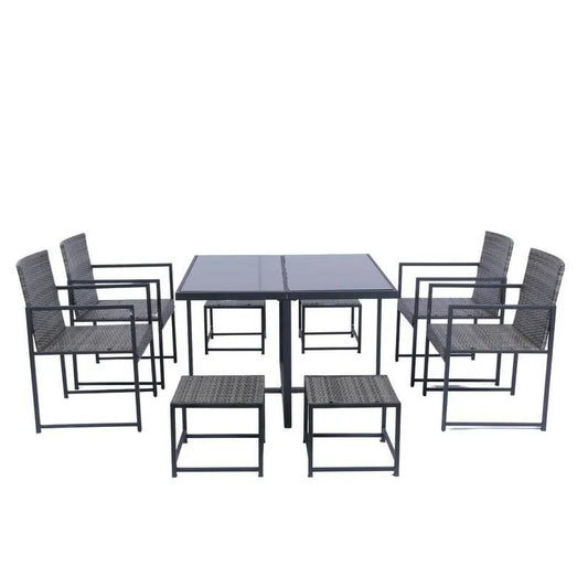 Teil Polyrattan Garten Dining Set 9 Teile, Polyrattan Garten Dining Set mit grauen Kissen, Dunkelgrau, Garten-Essgruppen