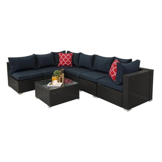 und Couchtisch, 7 Teile PE-Rattan Polyrattan Garten Garden Patio Sektional Set, Blau, Garten-Sofas