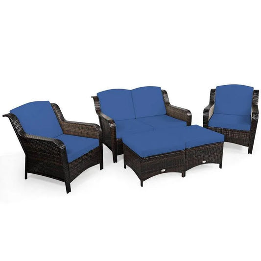 5 Teile Sofa, 5-Stücke Polyrattan Garten Sektional Set Terrassengespräch Set Garten-Zweisitzer Ottoman, Marine, Garten-Sofas