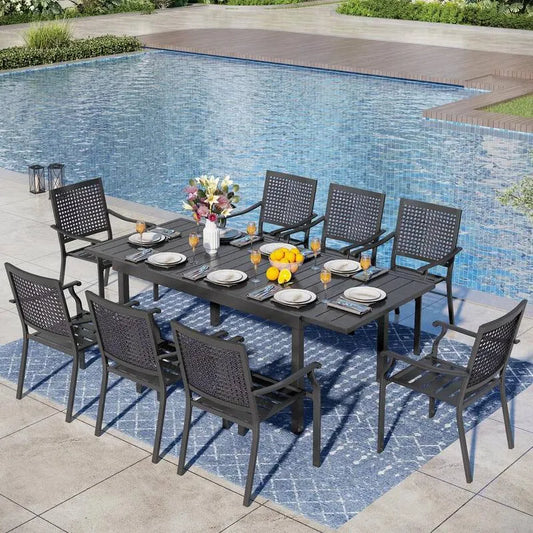 9 Teile Garten-Esszimmer-Sets mit erweiterbarem Tisch 9-Stück, Terrasse, Metall