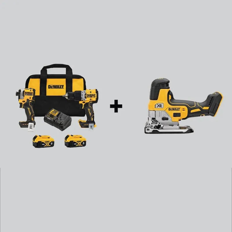 DEWALT 2-Werkzeug ATOMIC Schlagschrauber kabellos Kombiset, 20V, 4Ah Batterien und Barrel Grip Jigsaw mit, kabellos Design