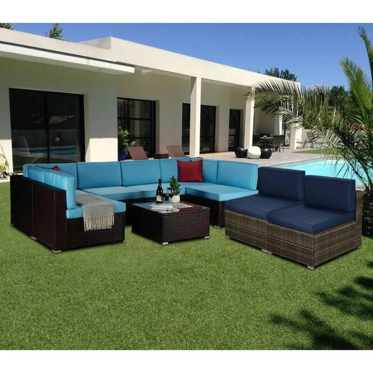 9 Teile Sofa 9-Stück, Bonus kostenlos 2-Armless Stuhl, Braun, Garten, Blau