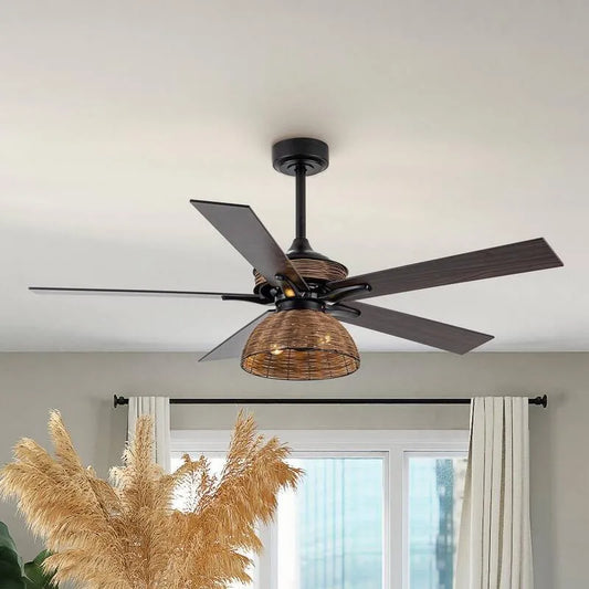 Deckenventilator, 52 in., Rattan Plaited Element, Fernbedienung, Innen, Matte Schwarz